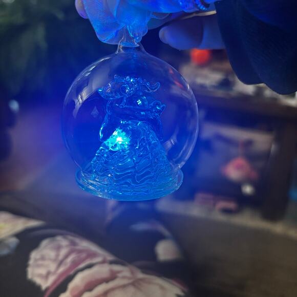 LED Lit Christmas Tree Ornament Round Blown Glass Center Reindeer Multi Color - Picture 4 of 6